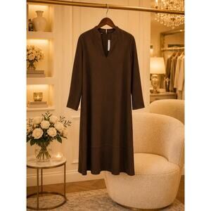Ming Wang Brown Stretch Knit Midi Shift Dress Long Sleeve NWT Size L Minimalist